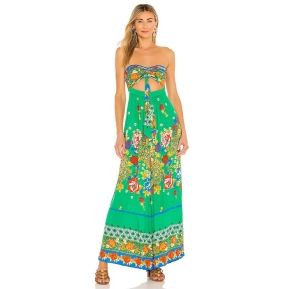 Free People Bali Birds of Paradise Floral Green Wide Leg Tropical Boho Jumpsuit